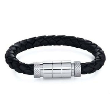 Pulsera de cadena al por mayor de la fábrica FH-46 Mens Fancy Buckle Pulsera de cuero tejido negro de acero